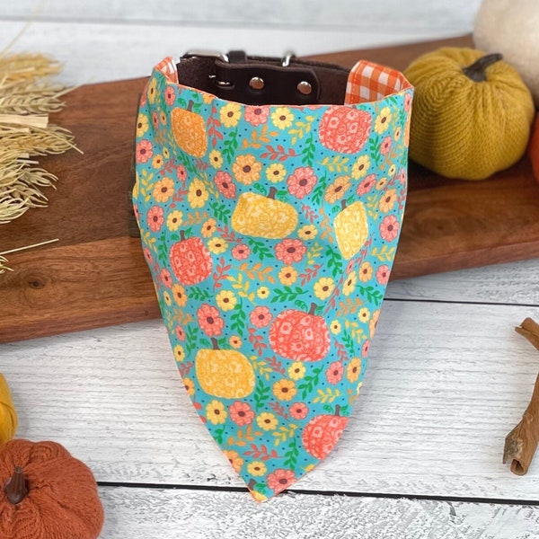 Personalized Thanksgiving Pumpkin Reversible Dog Bandana for Collar, Fall Floral Orange & Teal, Over the Collar Pet Scarf, New Dog Mom Gift
