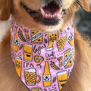 Craft Beer Reversible Girl Dog Bandana, Pink Summer Brewery Slip or Tie On Bandana for Dogs, Beer Lover Pet Gift, Personalized Pet Bandana