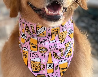 Craft Beer Reversible Girl Dog Bandana, Pink Summer Brewery Slip or Tie On Bandana for Dogs, Beer Lover Pet Gift, Personalized Pet Bandana