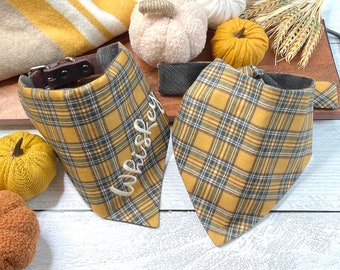 Fall Flannel Plaid Reversible Dog Bandana, Monogrammed Autumn Plaid Slip On, Tie On Bandana, Yellow Brown Blue Autumn Pet Scarf for Puppies