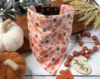 Boho Fall Reversible Slip On Dog Bandana, Personalized Autumn Floral Puppy Over Collar, Retro Pumpkin Truck & Sunflowers, New Dog Mom Gift