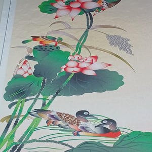 Vibrant Lotus and Birds Korean Folk Art Painting on Silk - 9x15 Inches ...