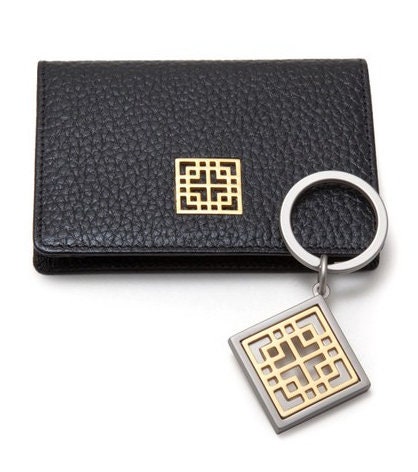 Gold Korean traditional pattern leather wallet and key ring set