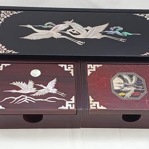 Korean Najeon Lacquer Mother-of-Pearl Gift Set – Pencil Case & 2 Business Card Boxes | Crane Design | Handmade Shell Inlay
