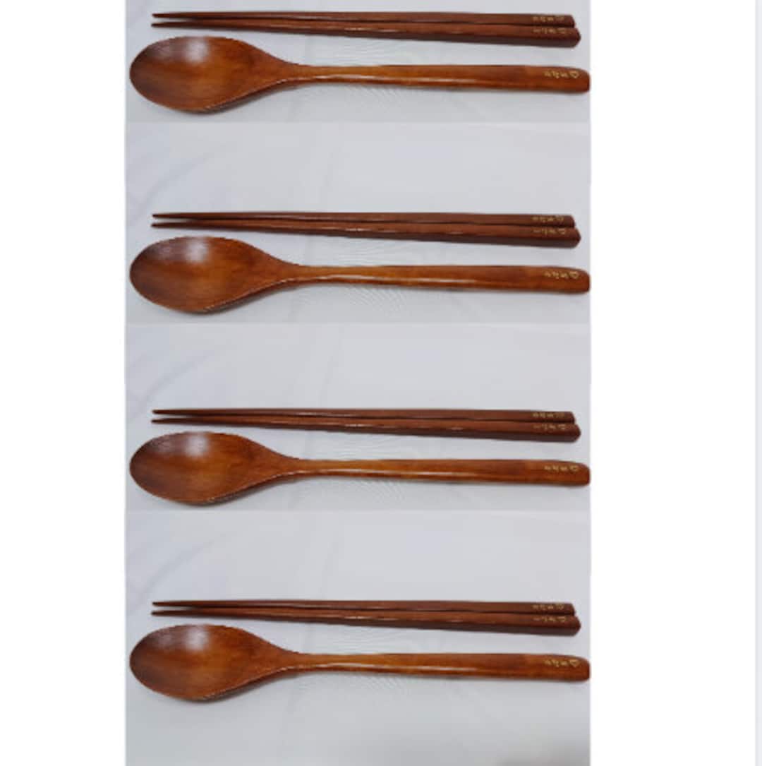 Korean Lacquer Wooden Spoon and Chopsticks Set, Engraved Cutlery