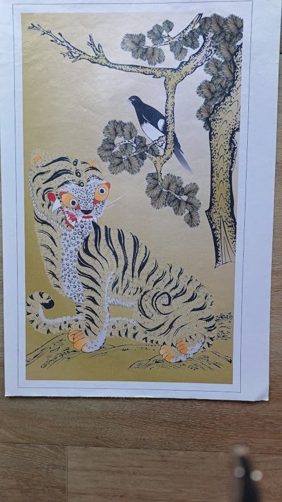 韓国の虎とカササギの版画、ムンベド絹本民芸品 - Etsy 日本