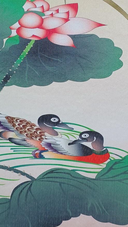 Vibrant Lotus and Birds Korean Folk Art Painting on Silk - 9x15 Inches ...