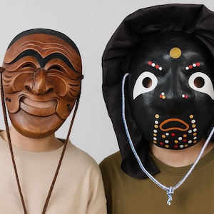 Korean Traditional Mask Set  Hahoe Wood Mask  Hanji Black Mask Handmade   Korean Theater Costume  Wall Hanging Set