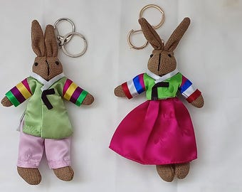 2 Keychains of Rabbit Dolls Wearing Traditional Korean Hanbok