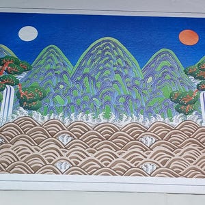 静かな山の風景 韓国民芸画 シルクスクリーン - 9x15インチ - Etsy 日本