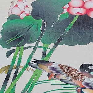 Vibrant Lotus and Birds Korean Folk Art Painting on Silk - 9x15 Inches ...