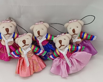 Set of 5 Cute Bear Keyrings in Traditional Korean Hanbok Outfit