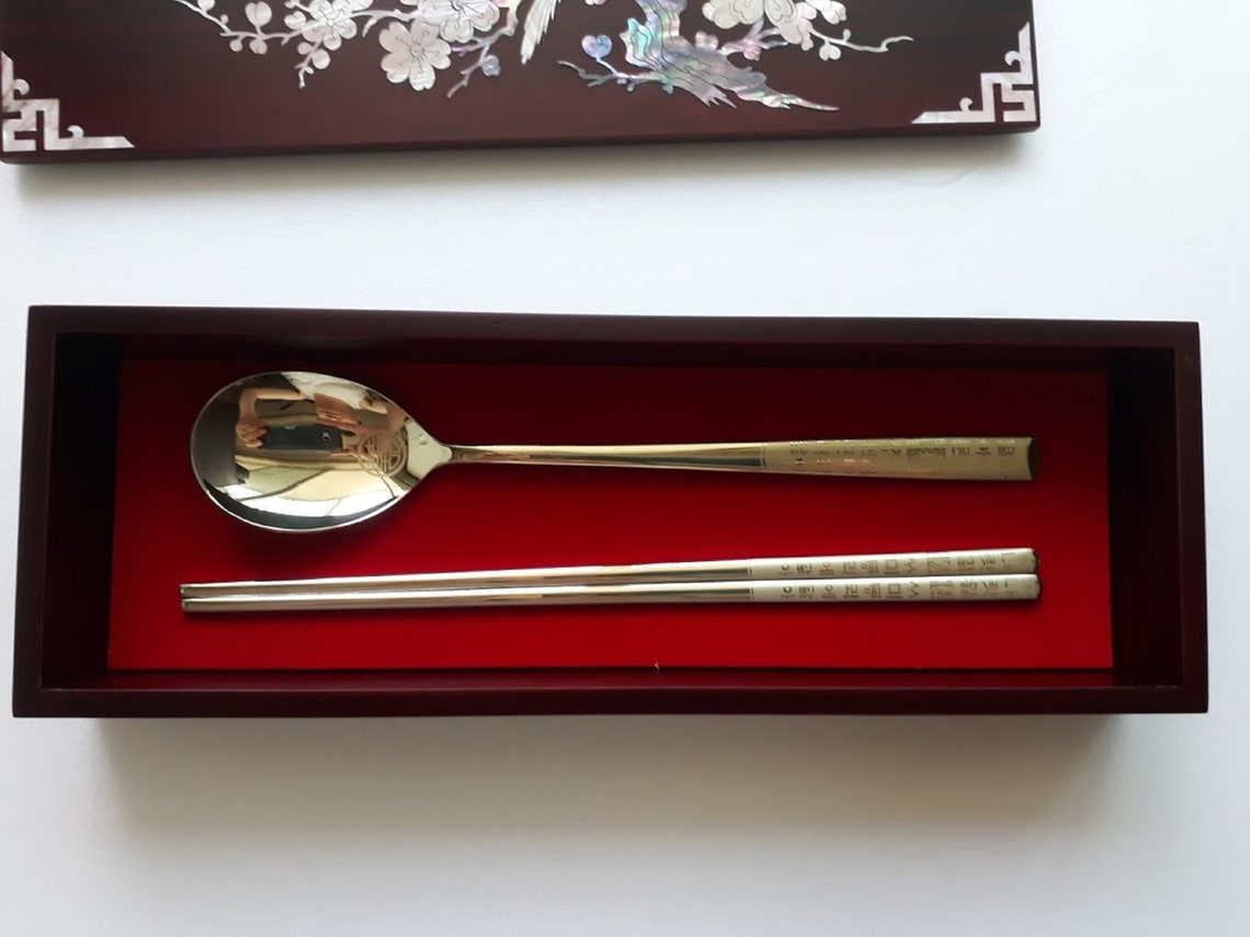 Korean Traditional Chopstick Box With Silk Bag & Korean Spoon Etsy UK