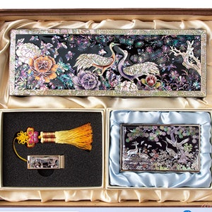 3 Arten von Geschenksets mit Kranichmotiven aus Perlmutt (Bleistiftetui + Visitenkartenetui + usb 32G)