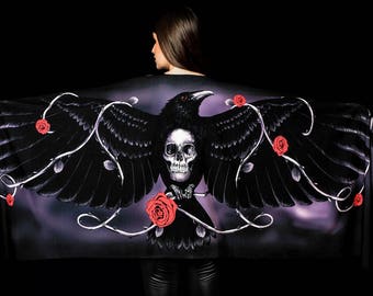 DARK RAVEN Scarf, Wings Scarf, Scarf Shawl, Womens Wrap, Wings Shawl, Feather Print Wrap, Halloween Scarf, Skull Shawl, Skull Raven Costume