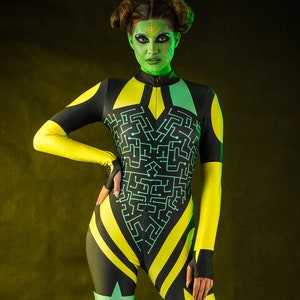 GREEN ALIEN Halloween Costume for Women, Halloween Costume for Women, Jumpsuit with Tattoo Effect on the Back, Ufo Costume, UFO Costume