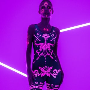 PINK TRIBAL FLUORESCENT Catsuit, Neon Pink Bodysuit, Rave Onsie, Festival Outfit, Burning Man Festival Clothing, Halloween Costume