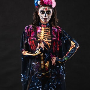 Disfraz de esqueleto con adornos azules para Halloween con kimono, disfraz de Halloween para mujer, disfraz de Los Muertos, disfraz de esqueleto para el Día de los Muertos