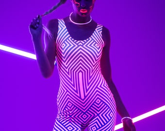 GEOMETRIC GLOW UV Reactive Jumpsuit, Pink Neon Outfit, Rave Onsie, Festival Full Body Outfit, Burning Man Clothing, Neon Sexy Clothing Set
