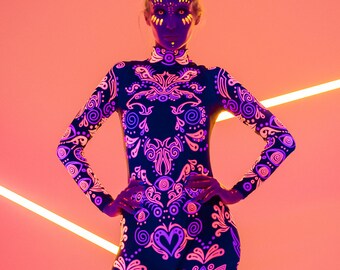 2Color Rave Costume, UV light Reactive Costume for Women, Cosplay Costume, Fluorescent Costume, Halloween Costume, Festival Neon Clothing