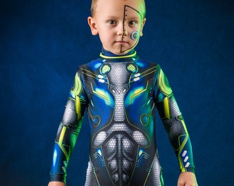 Groen Halloween-kostuum CYBERHELD - KIDS-editie, Halloween-kostuum voor kinderen, Halloween-kostuum superheld voor kinderen, robotkostuum
