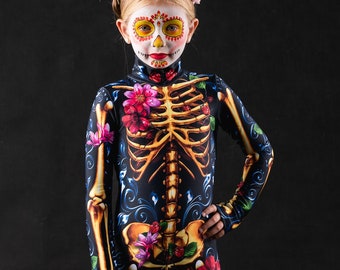 BLUE ORNAMENTS Skeleton Halloween Costume, Kids Full Body Skeleton Costume, Kids Costume, Halloween Costume for Girl, Girls Skeleton Outfit