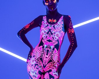 NEON FLOWERS FLUORESCENT Jumpsuit, Neon Bodysuit, Rave Onsie, Festival Outfit, Burning Man Clothing, Halloween Costume, Rainbow Clothing Set