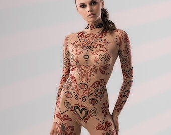 2COLOR Festival Catsuit, Rave Mesh Onsie, Festival Bodysuit, Tattoo Clothing, Tattoo Catsuit, Tribal Design, Halloween Costume