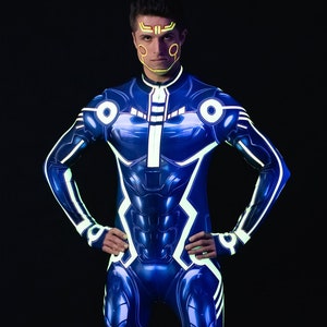 Costume CYBER TRON UV Reactive per uomo, costume di Halloween per adulti, costume da robot, costume da cosplay per uomo, costume da supereroe al neon per uomo