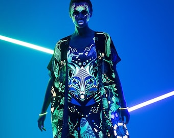 Mono reactivo a los rayos UV de WOLF & HUMMONGBIRDS, conjunto neón, mono para fiestas rave, conjunto completo para festivales, ropa para Burning Man, conjunto de ropa boho neón.