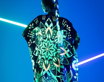 WOLF & HUMMINGBIRDS UV Reactive Kimono, Festival Kimono, Festival Outfit, Rave Kimono, Neon Outfit, Fluorescent Clothing, Spectacular Cape