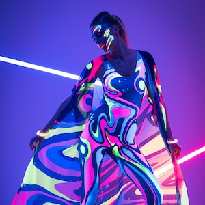 LIQUID UV Reactive Jumpsuit, Pink Yellow Neon Outfit, Rave Onsie, Festival Full Body Outfit, Burning Man Clothing, Glowing Clothing Set