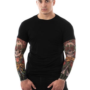 LOVE TILL DEATH Mens Tshirt with Tattoo Sleeves, Tattoos for Men, Mens Top, Long Sleeve Shirt, Halloween Tshirt Top, Mens Halloween Costume