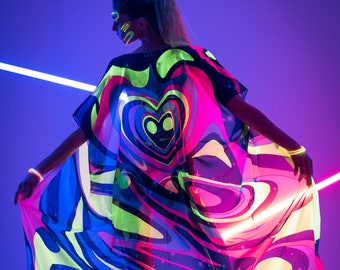 Kimono reattivo ai raggi UV LIQUID, kimono da festival, abito da festival, kimono da rave, abito al neon, abbigliamento luminoso per feste, mantello spettacolare