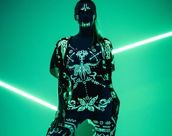 GREEN TRIBAL FLUORESCENT Catsuit, Neon Green Bodysuit, Rave Onsie, Festival Outfit, Burning Man Festival Clothing, Halloween Costume