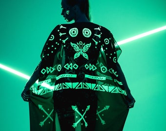 Kimono TRIBALE FLUORESCENTE VERDE, Kimono da festival, Abito da festival, Kimono da rave, Costume di Halloween, Abbigliamento fluorescente, Look spettacolare