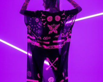 Kimono TRIBALE FLUORESCENTE ROSA, Kimono da festival, Abito da festival, Kimono da rave, Costume di Halloween, Abbigliamento fluorescente, Look spettacolare