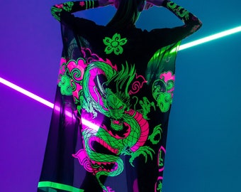 CHINESE DRAKEN fluorescerende kimono, festivalkimono, festivaloutfit, ravekimono, halloweenkostuum, fluorescerende kleding, neondraak