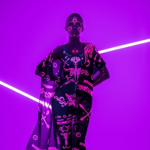 PINK TRIBAL UV light Catsuit & Kimono set, Neon Pink Bodysuit, Rave Onsie, Festival Outfit, Burning Man Festival Clothing, Halloween Costume