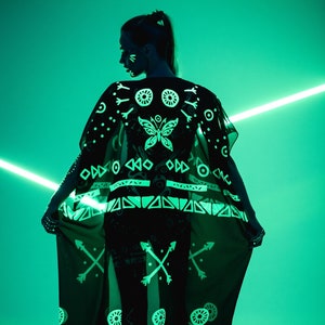 GREEN TRIBAL FLUORESCENT Kimono, Festival Kimono, Festival Outfit, Rave Kimono, Halloween Costume, Fluorescent Clothing, Spectacular Look image 1