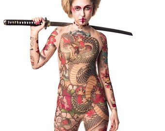 YAKUZA STYLE TATTOO Full Body Catsuit, Halloween Costume, Festival Clothing, Yakuza Costume, Mesh Catsuit, Fake Tattoo Costume, Japanese Art