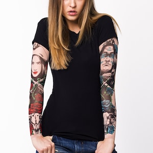 Womens Tshirt with SHERIFF, INDIAN & Wild BULLS Temporary Tattoo Sleeves, Womens Tops, Womens T shirts, Womens Tees, Skull Design Tattoo