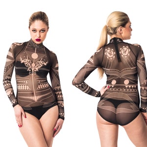 BLACK TRIBAL Tattoo Bodysuit, Mesh Bodysuit, Festival bodysuit, Rave bodysuit, Printed Bodysuit, Fake Tattoo Costume, Burning Man Outfit