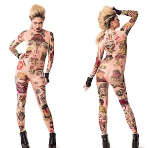 REBEL TATTOOS in COLOR Full Body Catsuit, Skeleton Catsuit, Halloween Costume, Halloween Jumpsuit, Mesh Costume, Fake Tattoo Costume