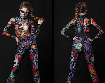 TATTOO STIJL Halloween kostuum, sexy Catsuit, cosplay outfit, Festival Onsie, Festival Catsuit, Tiger Skull Butterfly Halloween Onsie
