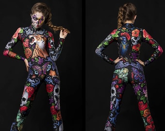 TATTOO STYLE Halloween Costume, Sexy Catsuit, Cosplay Outfit, Festival Onsie, Festival Catsuit, Tiger Skull Butterfly Halloween Onsie