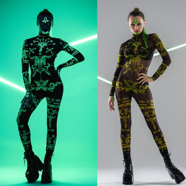 GREEN TRIBAL FLUORESCENT Black Catsuit, Full Body Mesh Catsuit, Halloween Costume, Rave Onsie, Festival Outfit, Fluorescent Temporary Tattoo