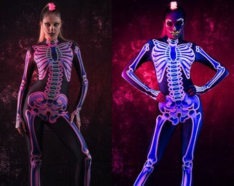 UV REACTIVE Skeleton Halloween Costume, Neon Pink Skeleton Costume for Women, Fluorescent Costume, UV Halloween Costume, Party Halloween