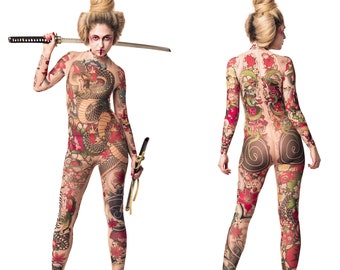 YAKUZA STYLE TATTOO Full Body Catsuit, Halloween Costume, Festival Clothing, Yakuza Costume, Mesh Catsuit, Fake Tattoo Costume, Japanese Art