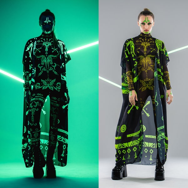 GRÜN TRIBAL FLUORESZIEREND Schwarzes Catsuit & Kimono Set, Festival Full Outfit, Rave Set, Halloween Kostüm, Mesh Catsuit, Fluoreszierende Kleidung